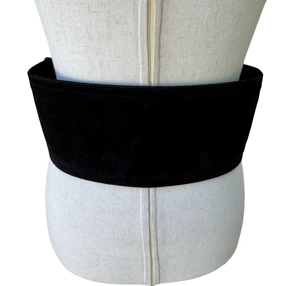 Vintage 90s Y2K Black Velvet Wide Waist Cinch Belt Gold Tone Circle Buckle Wrap